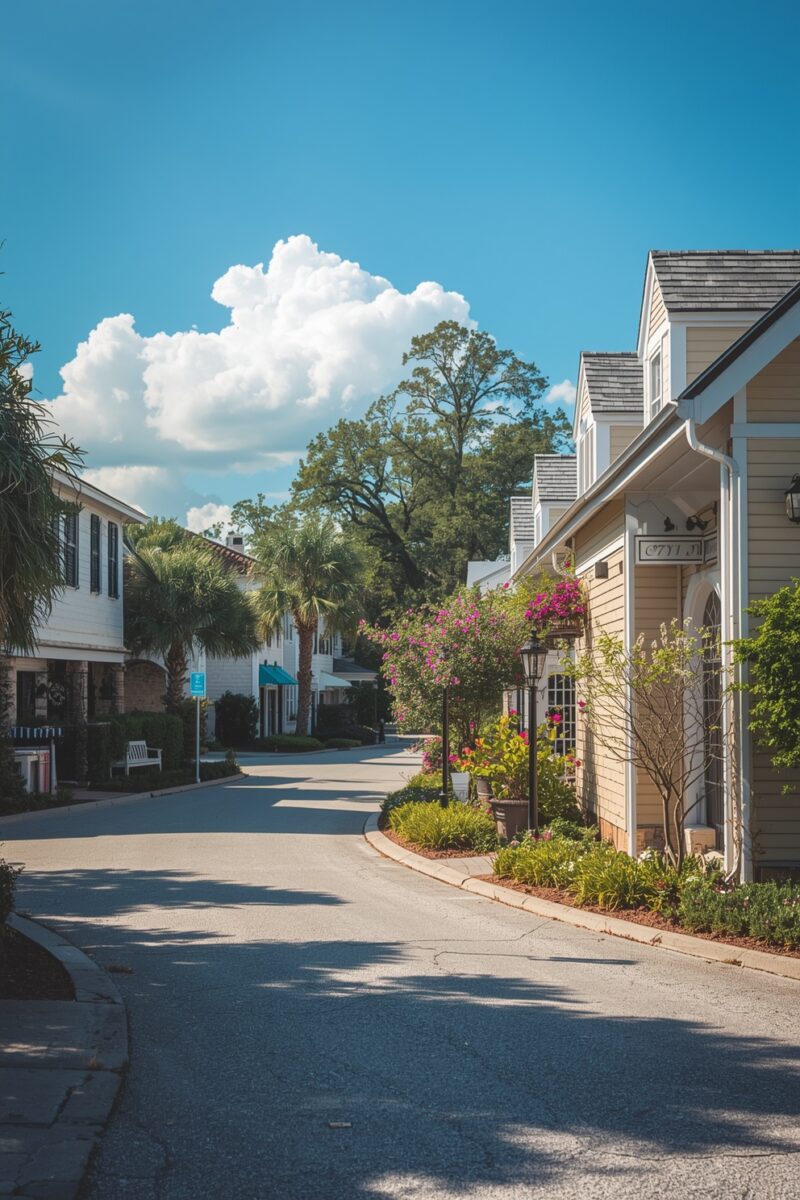 Charming Southern small-town street with white colonial buildings, palm trees, flowering plants, and blue sky