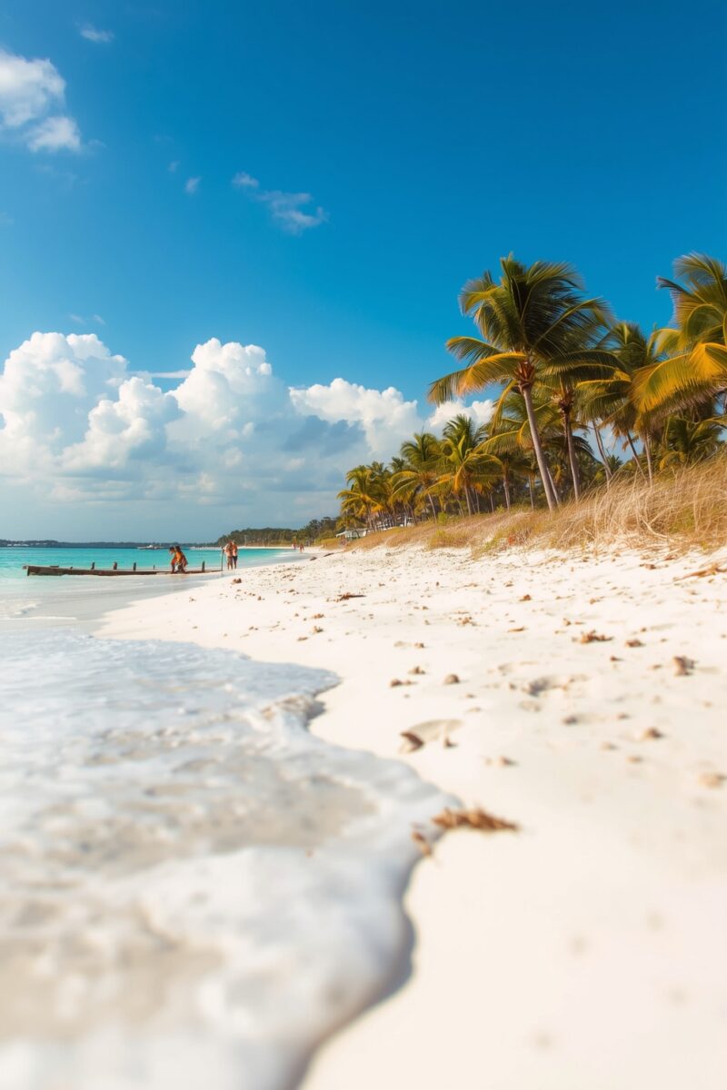 Pristine white sand beach with turquoise water, palm trees, and a wooden pier under a bright blue sky