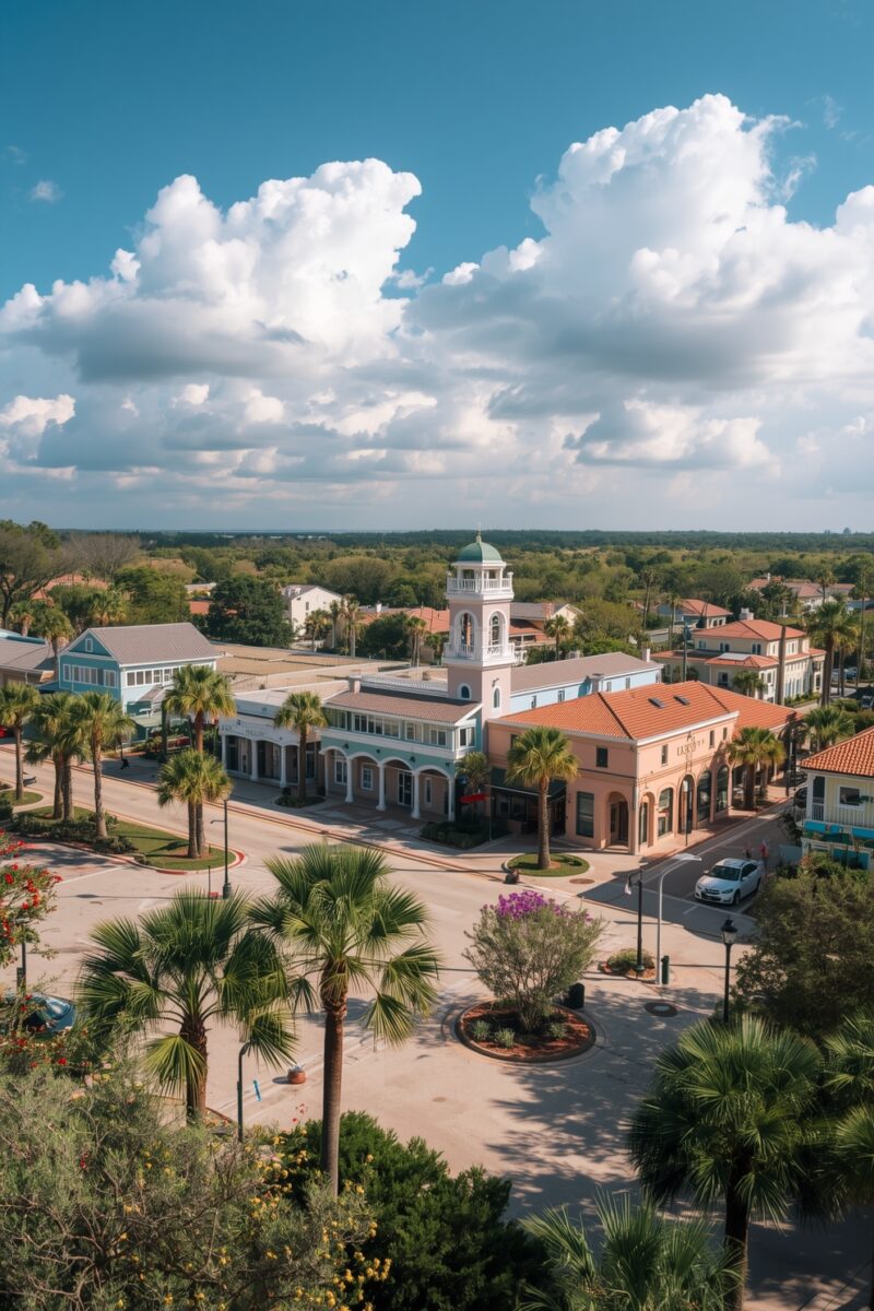 Aerial view of a Florida coastal town with Mediterranean architecture, palm trees, clock tower, and terracotta rooftops
