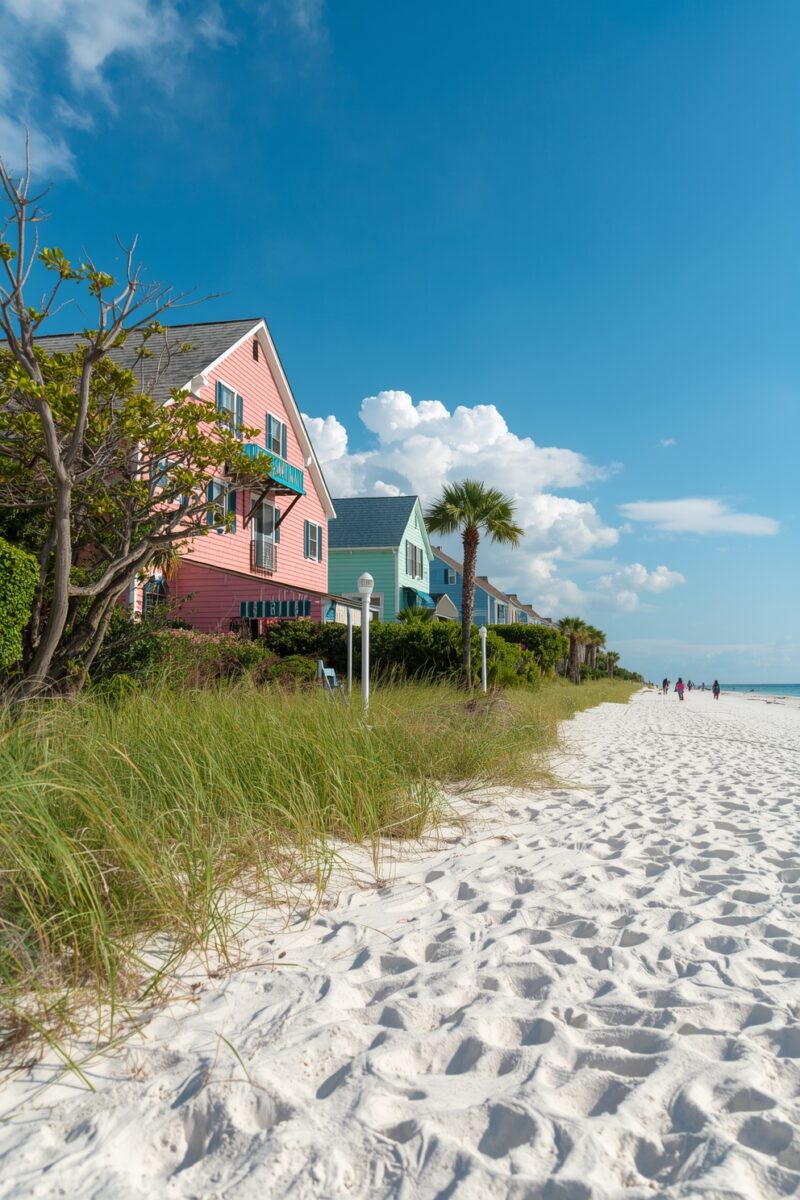 Colorful pastel beach houses lining a white sandy shore with palm trees and blue sky