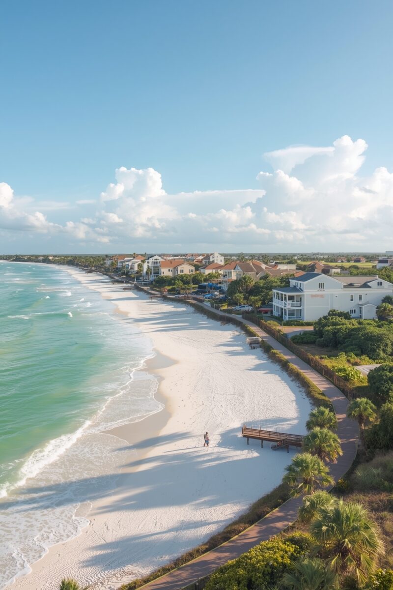 Aerial view of a white sand beach with turquoise waves, boardwalk, palm trees, and coastal homes under blue sky