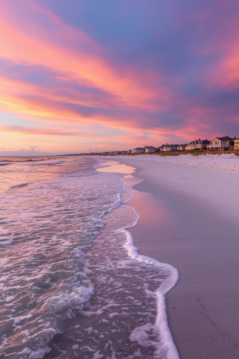 Stunning pink and purple sunset over a white sand beach with gentle waves and coastal homes in the distance