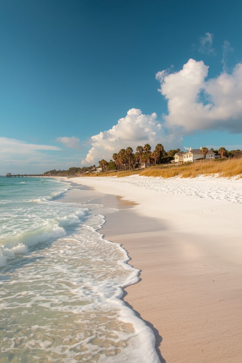 Pristine white sand beach with turquoise waves, palm trees, beach houses, and a pier under a blue sky