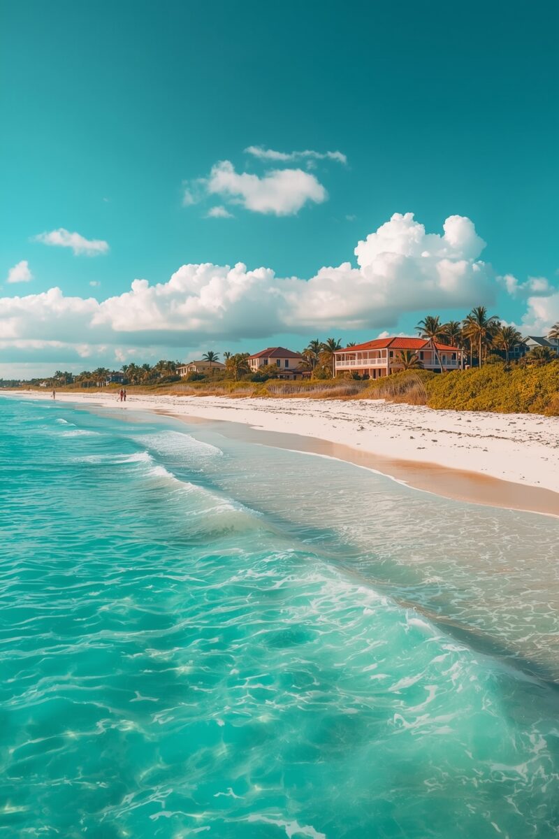 Turquoise ocean waves lapping white sandy beach with tropical villas and palm trees under blue sky