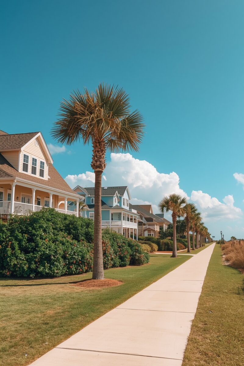 Tree-lined sidewalk with palm trees beside colorful coastal homes under bright blue sky
