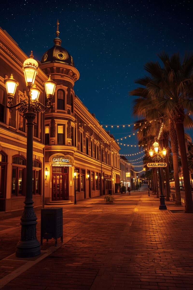 Gaslamp Quarter San Diego at night with ornate Victorian buildings, glowing street lamps, string lights, and palm trees under starry sky