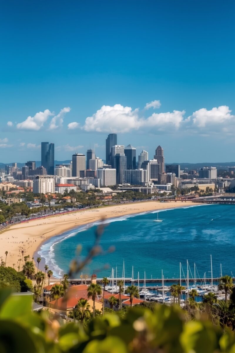 Aerial view of a coastal city skyline with sandy beach, blue ocean, marina with sailboats, and palm trees under clear blue sky