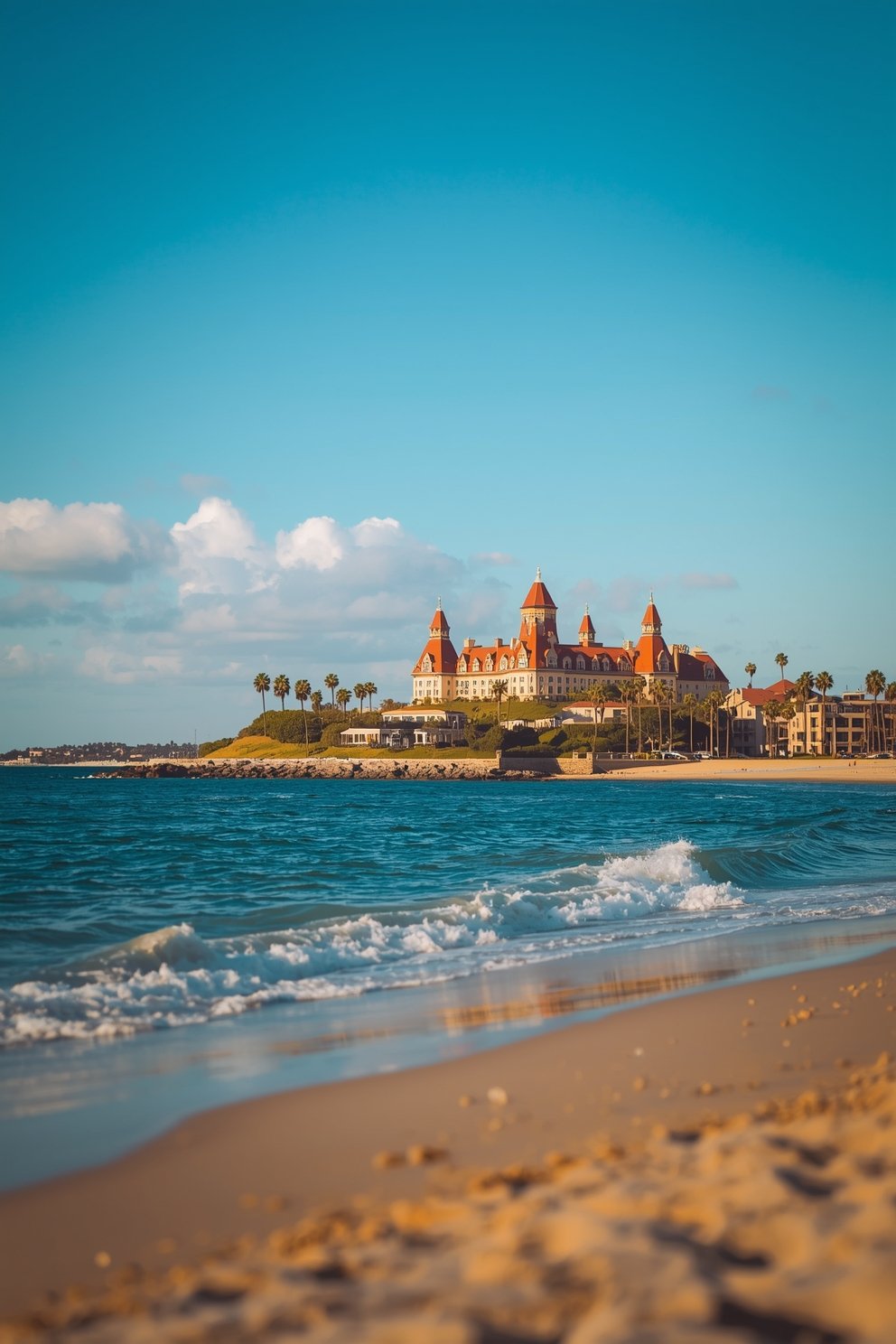Hotel del Coronado Victorian resort with red turrets viewed from sandy beach with ocean waves, Coronado California