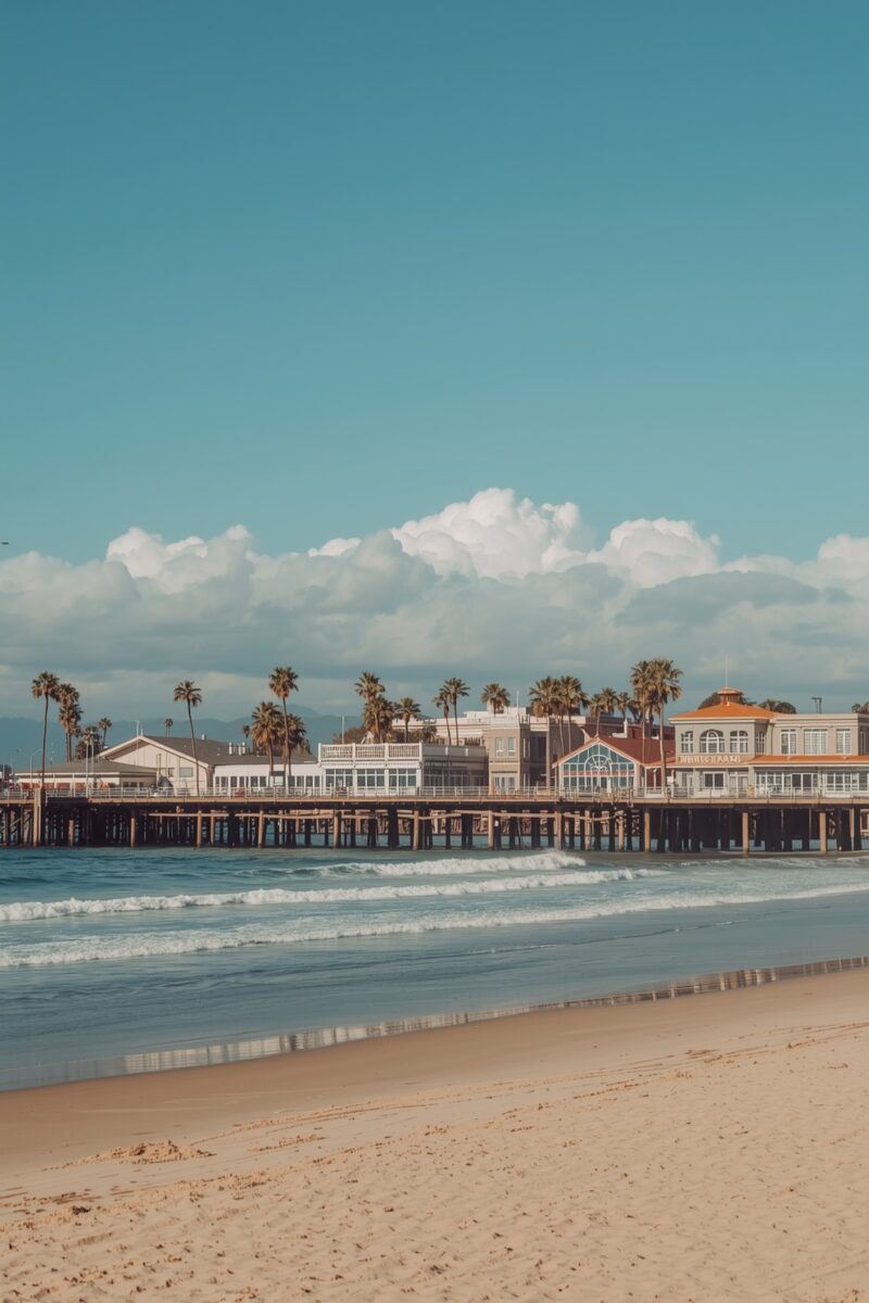 Sandy beach with a wooden pier extending over ocean waves, lined with white buildings, restaurants, and tall palm trees under a blue sky