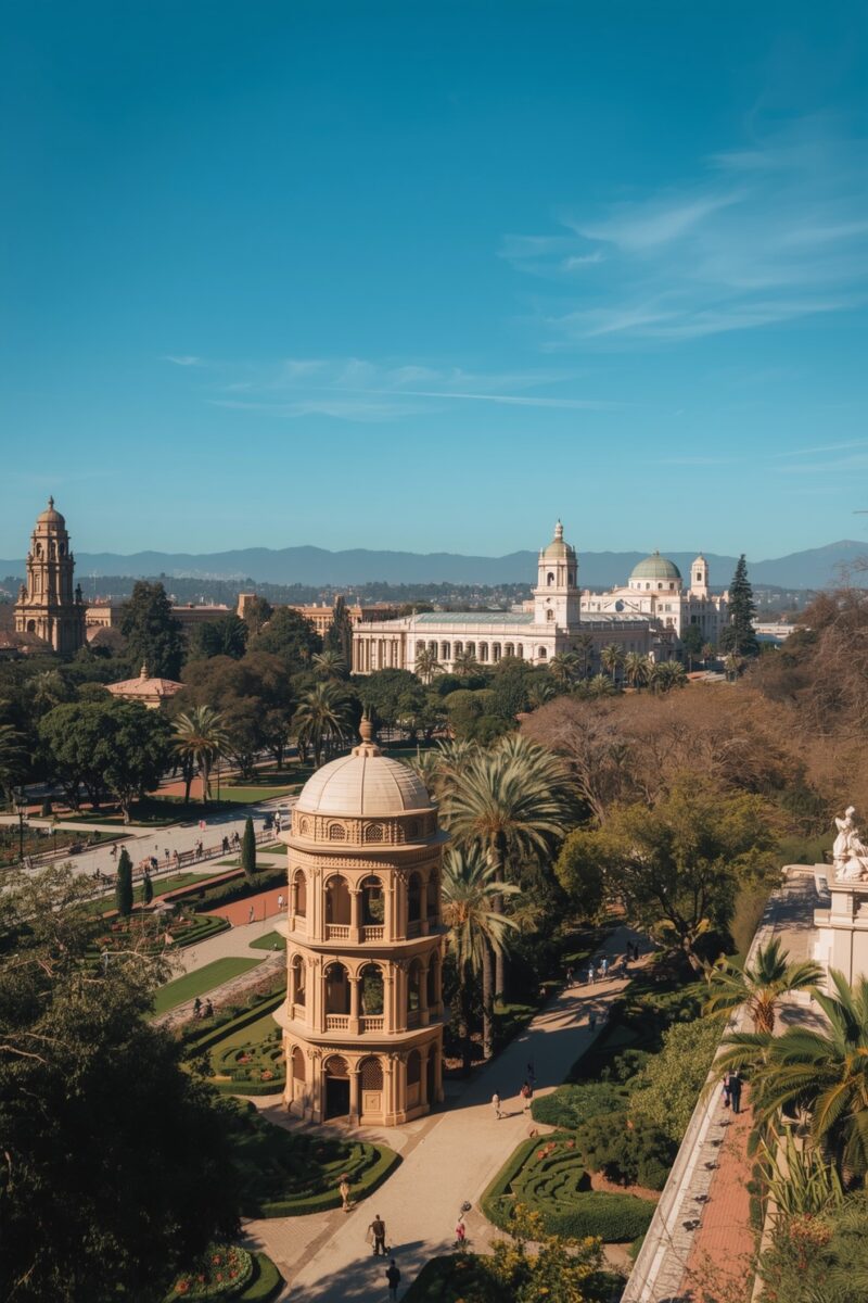 Aerial view of ornate domed rotunda pavilion surrounded by formal gardens, palm trees, and neoclassical buildings under blue sky