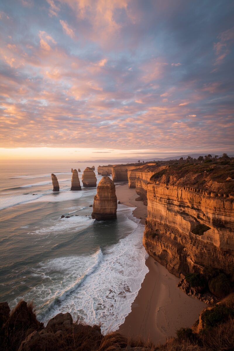 Twelve Apostles limestone sea stacks along the Great Ocean Road, Victoria, Australia at golden sunset