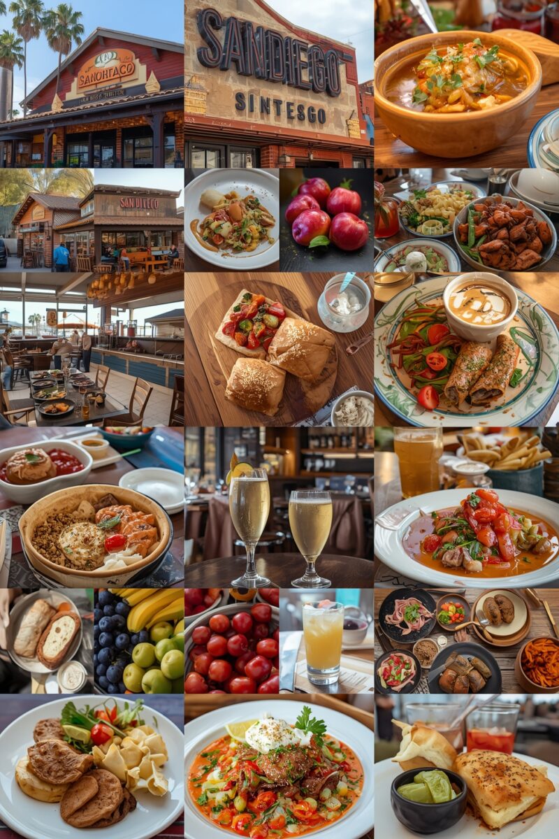 San Diego restaurant collage featuring exterior shots, diverse dishes, drinks, and fresh ingredients