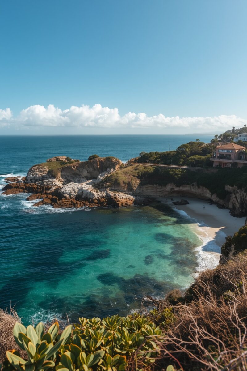Aerial view of a secluded turquoise cove with rocky cliffs, sandy beach, and a luxury villa overlooking the ocean