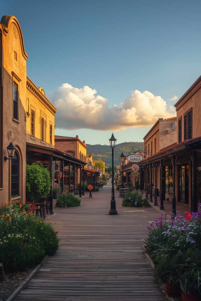Historic Western town main street boardwalk with adobe buildings, colorful flowers, and vintage lamp post at golden hour