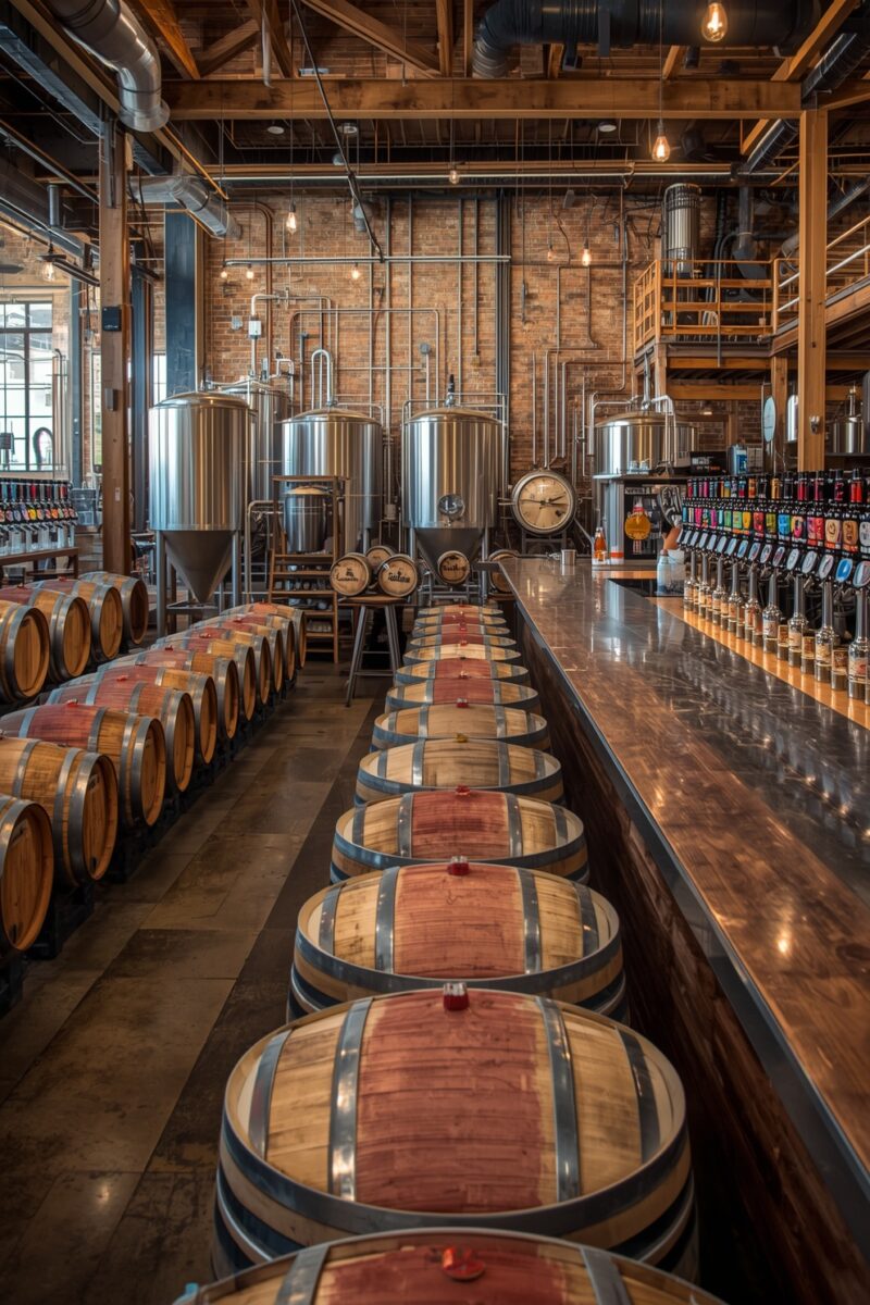 Craft brewery taproom with oak aging barrels lining bar counter, stainless steel fermentation tanks, and beer taps
