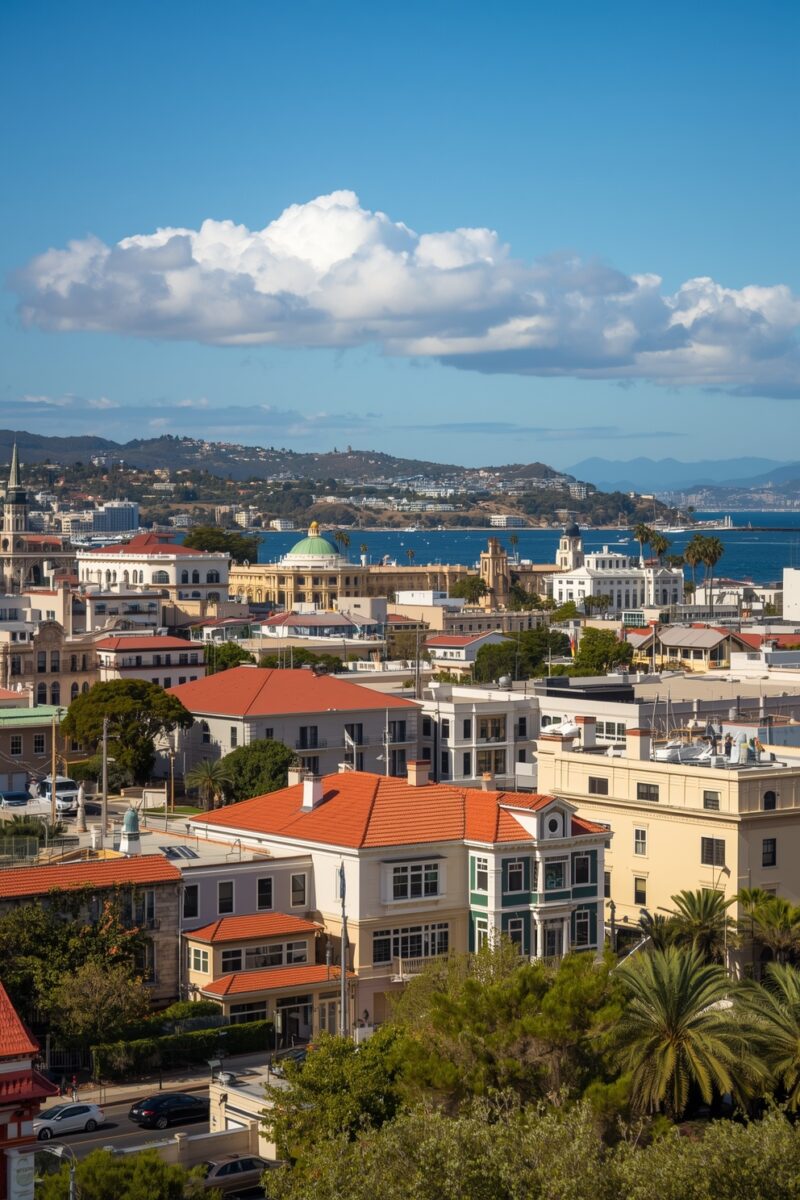 Panoramic view of a coastal city with red-tile roofed buildings, palm trees, and a blue bay with hills beyond