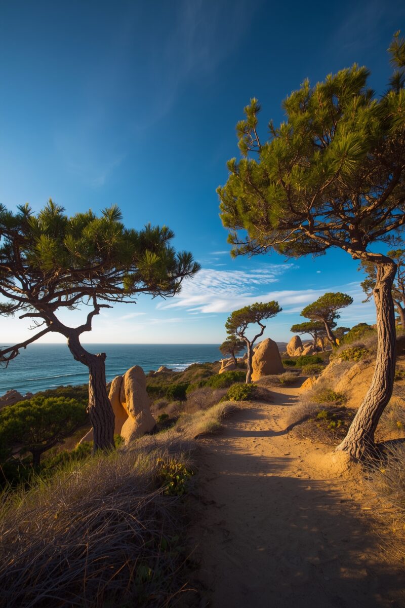 Sandy coastal trail winding through wind-swept Torrey pine trees with golden rocks and blue ocean in background