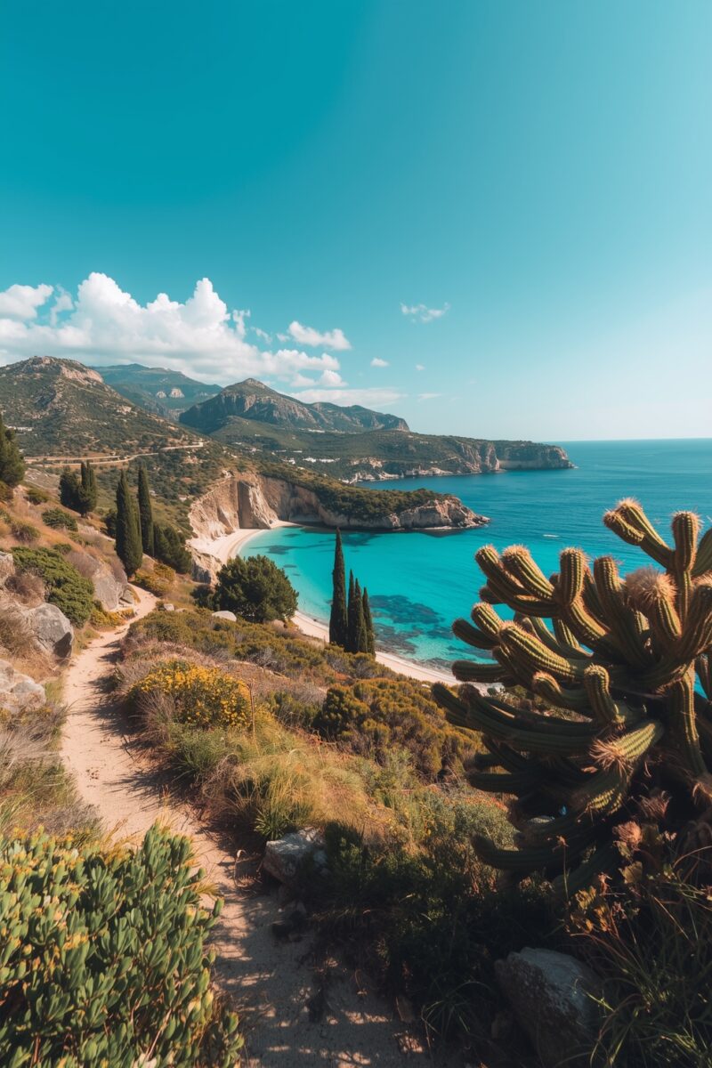 Scenic Mediterranean coastal trail with cactus, turquoise bay, cypress trees, and rocky cliffs under blue sky