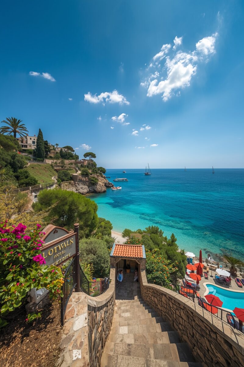 Scenic Mediterranean hotel terrace with stone steps, turquoise cove, red pool umbrellas, and sailboats on blue sea