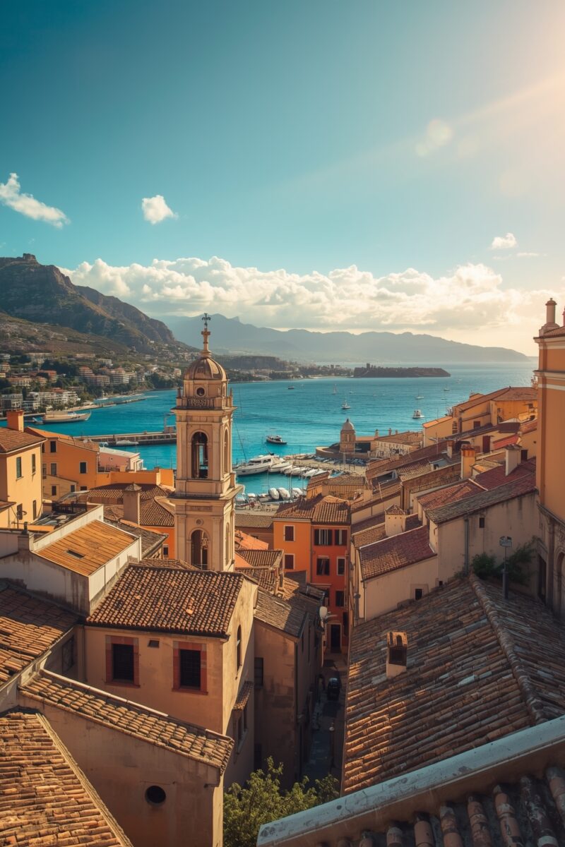 Aerial view of a Mediterranean coastal town with terracotta rooftops, church bell tower, and turquoise harbor