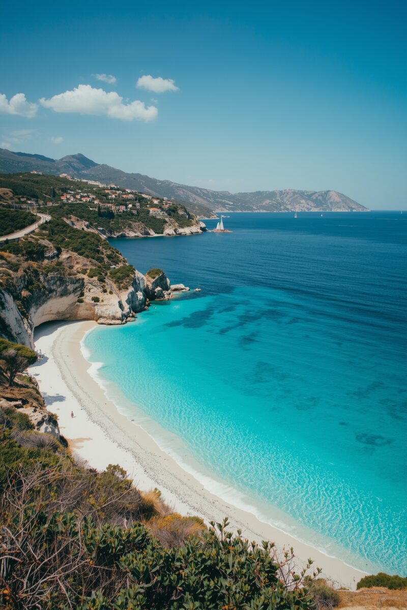 Aerial view of a turquoise Mediterranean beach with white sand, rocky cliffs, and a sailboat on blue sea