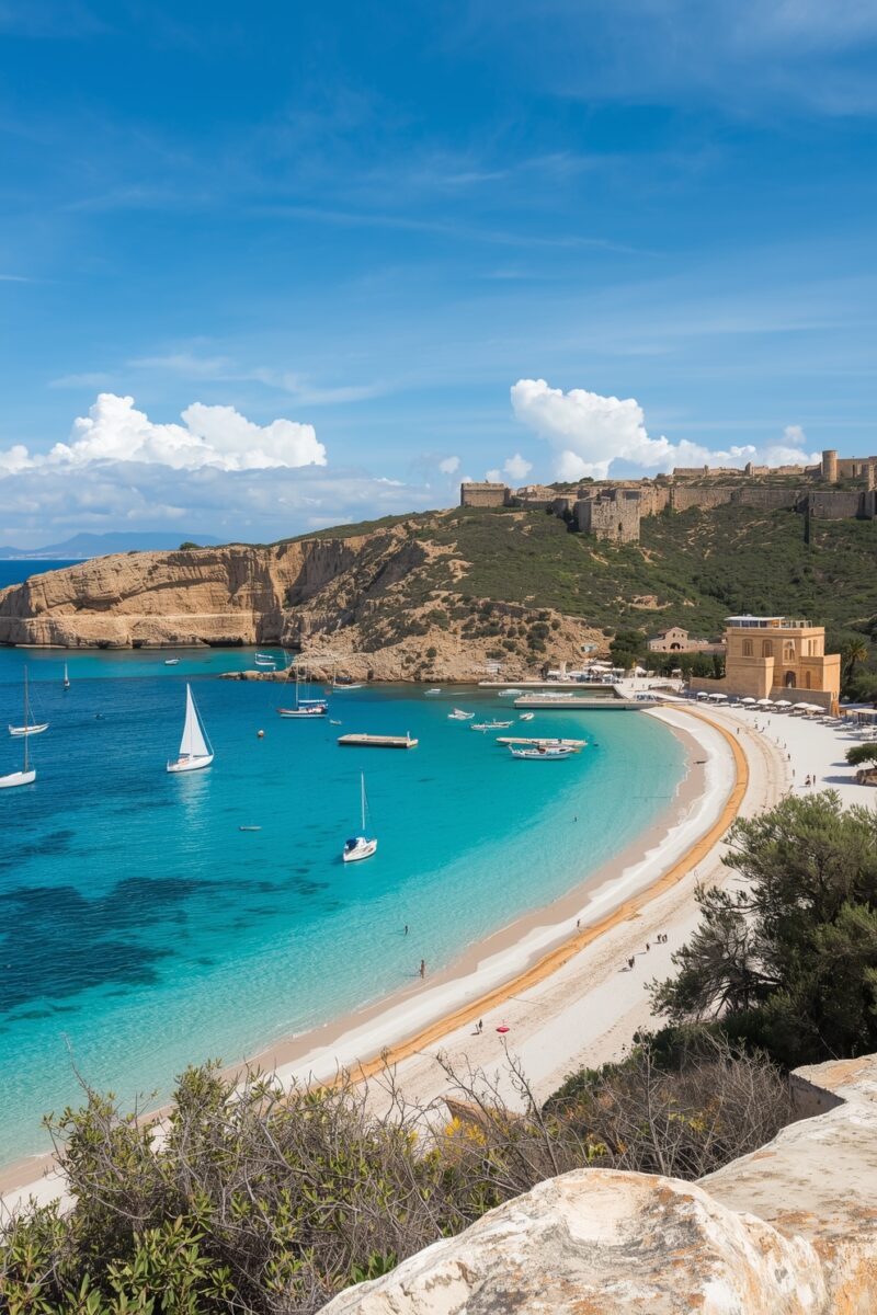 Turquoise bay with white sandy beach, sailboats, and ancient hilltop fortress on rocky Mediterranean coastline