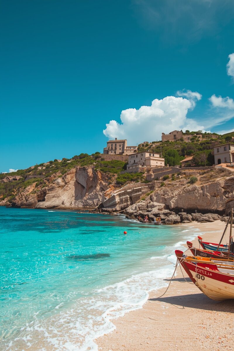 Turquoise Mediterranean beach with traditional wooden fishing boats on white sand and historic stone buildings on cliffs