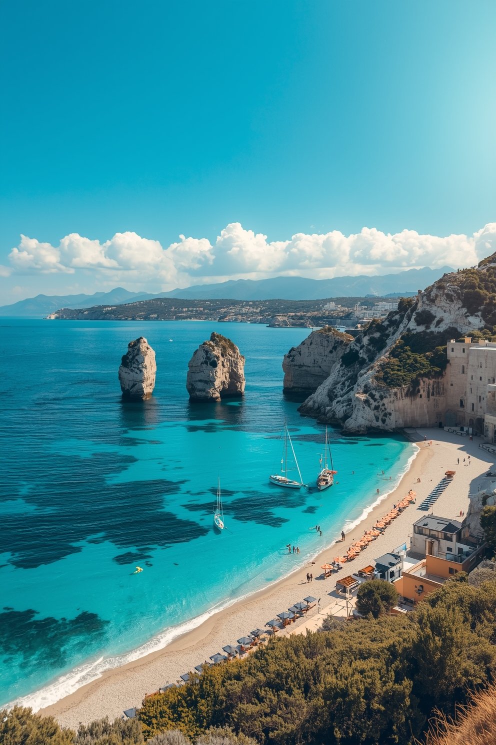 Aerial view of turquoise Mediterranean bay with white limestone sea stacks, sandy beach, sailboats, and cliffside buildings