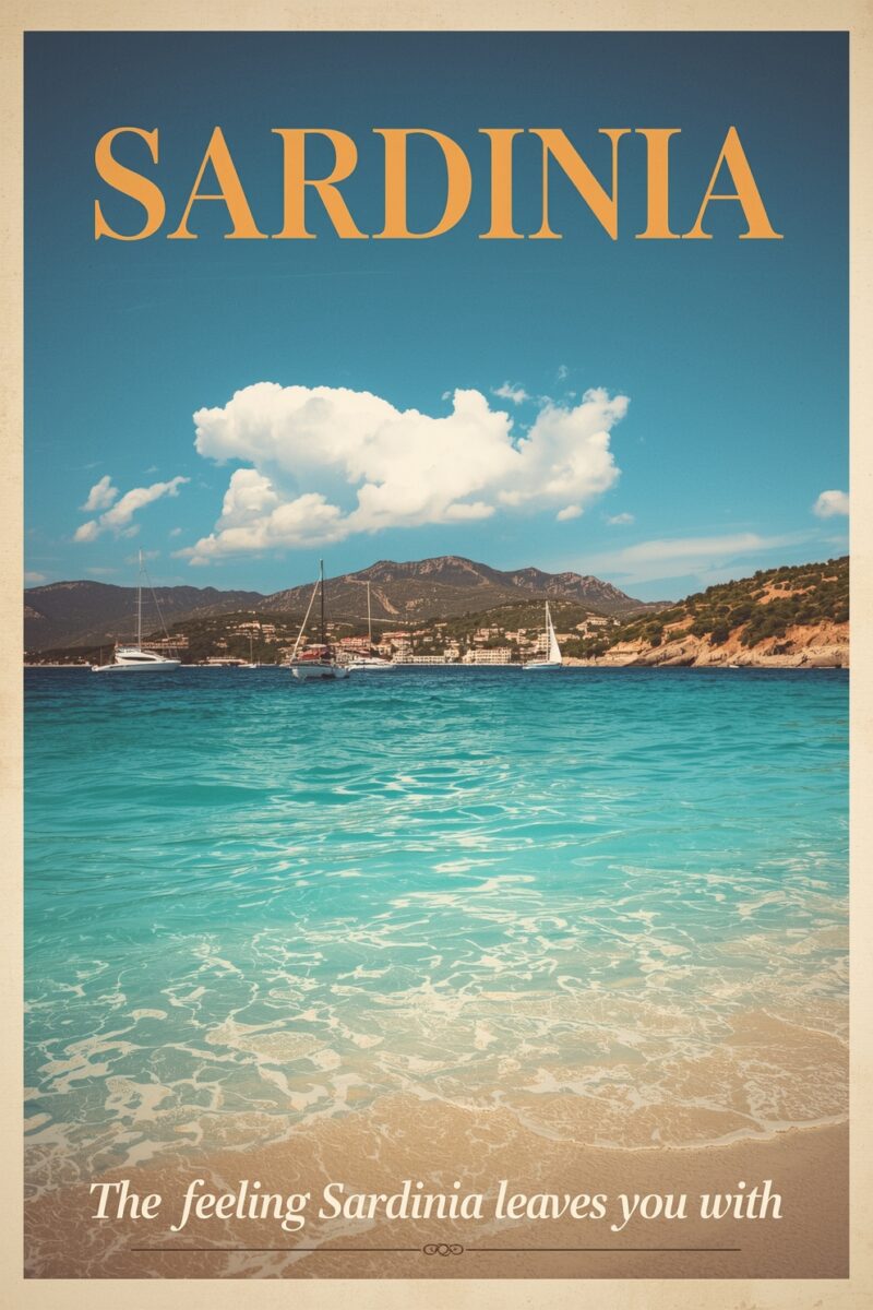 Vintage travel poster of Sardinia featuring crystal-clear turquoise waters, sailboats, and mountainous coastline
