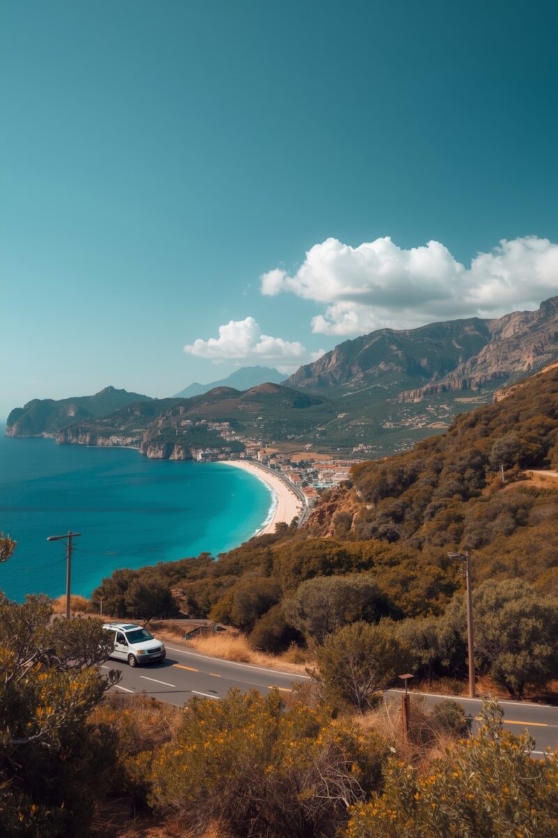 Aerial view of turquoise Mediterranean coastline with sandy beach, mountain backdrop, and coastal town