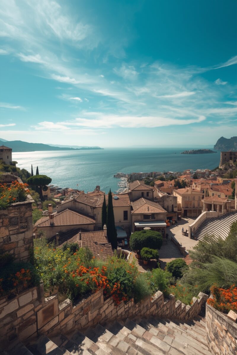 Panoramic view of Mediterranean coastal town with terracotta rooftops, stone stairs, orange flowers, and calm blue sea