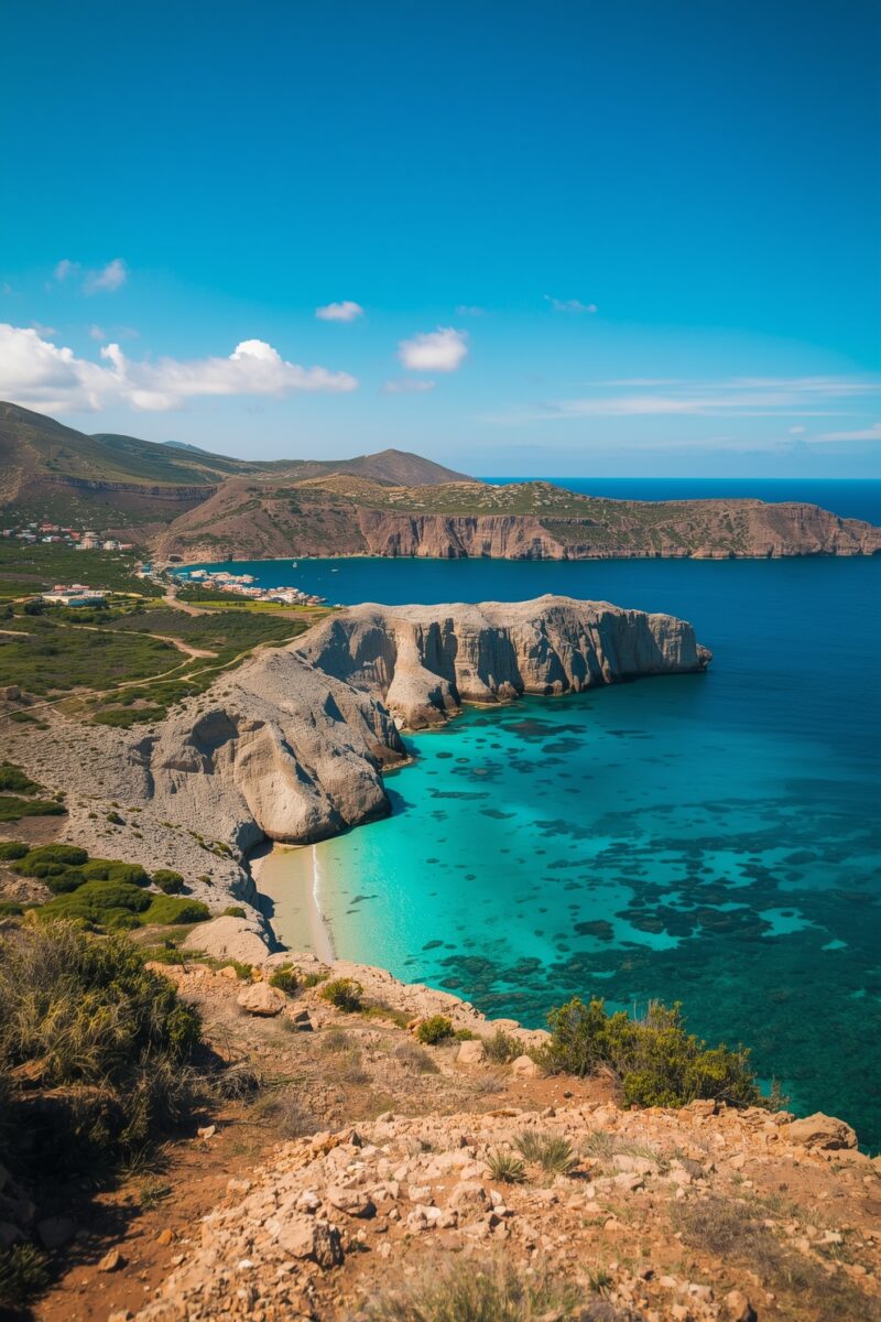 Aerial view of turquoise Mediterranean cove with white volcanic cliffs, rocky coastline, and deep blue sea