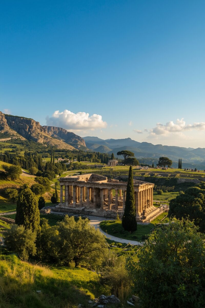 Ancient Greek Doric temple with stone columns surrounded by cypress trees and rolling hills under blue sky