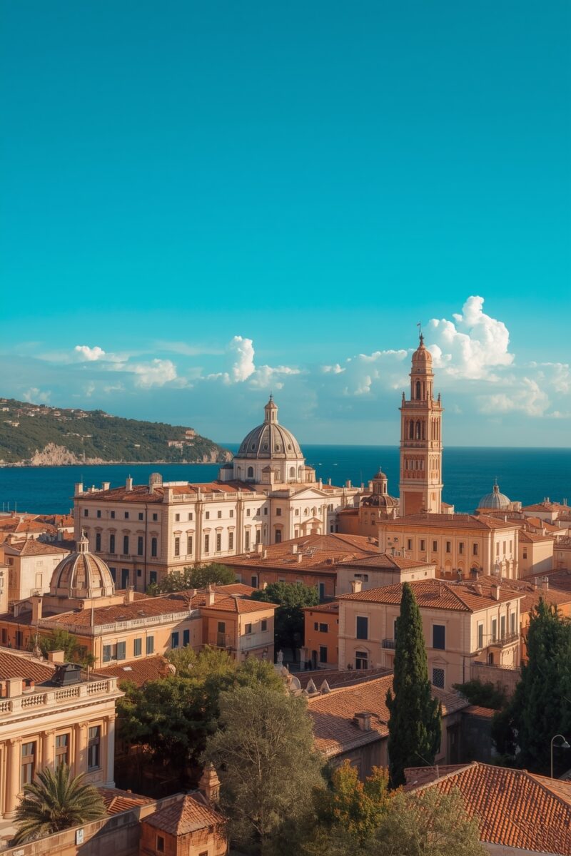 Aerial view of an Italian coastal city with domed cathedral, bell tower, terracotta rooftops, and blue sea backdrop