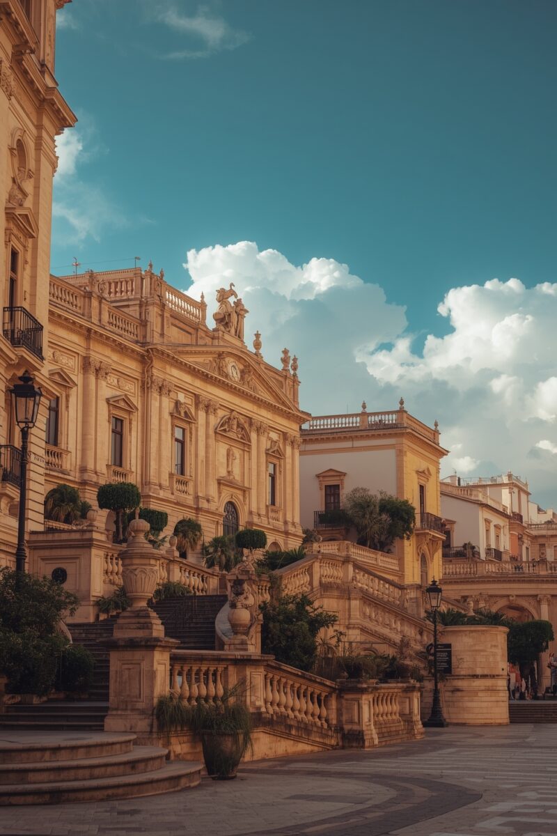 Grand Baroque palace with ornate stone facade, balustrades, statues, and manicured topiary under a blue sky in Sicily