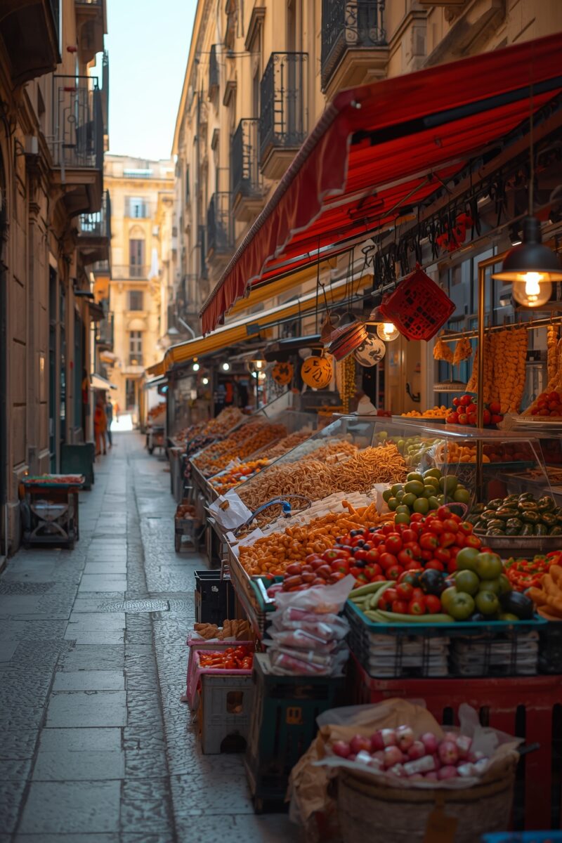Narrow European street market with colorful produce stalls displaying tomatoes, apples, and dried pasta under red awnings