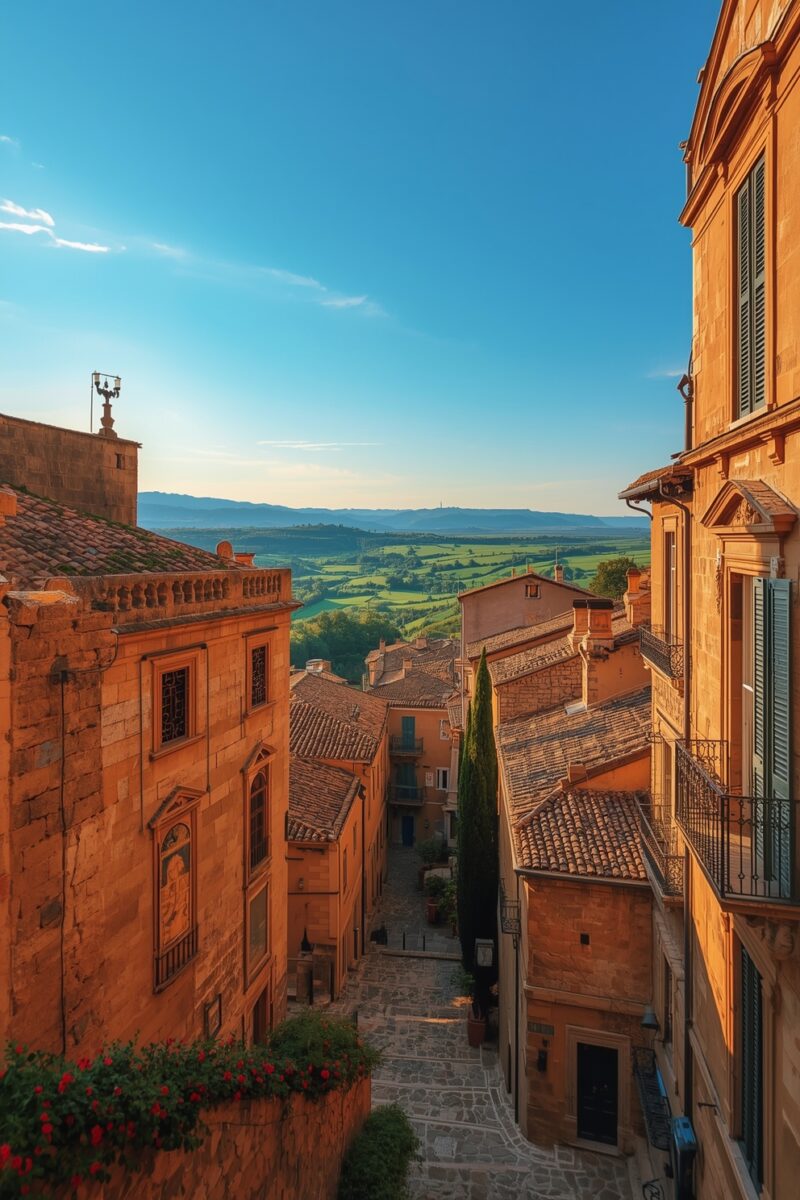 Narrow cobblestone alley in an Italian hilltop town with terracotta buildings, red flowers, and panoramic Tuscan countryside views