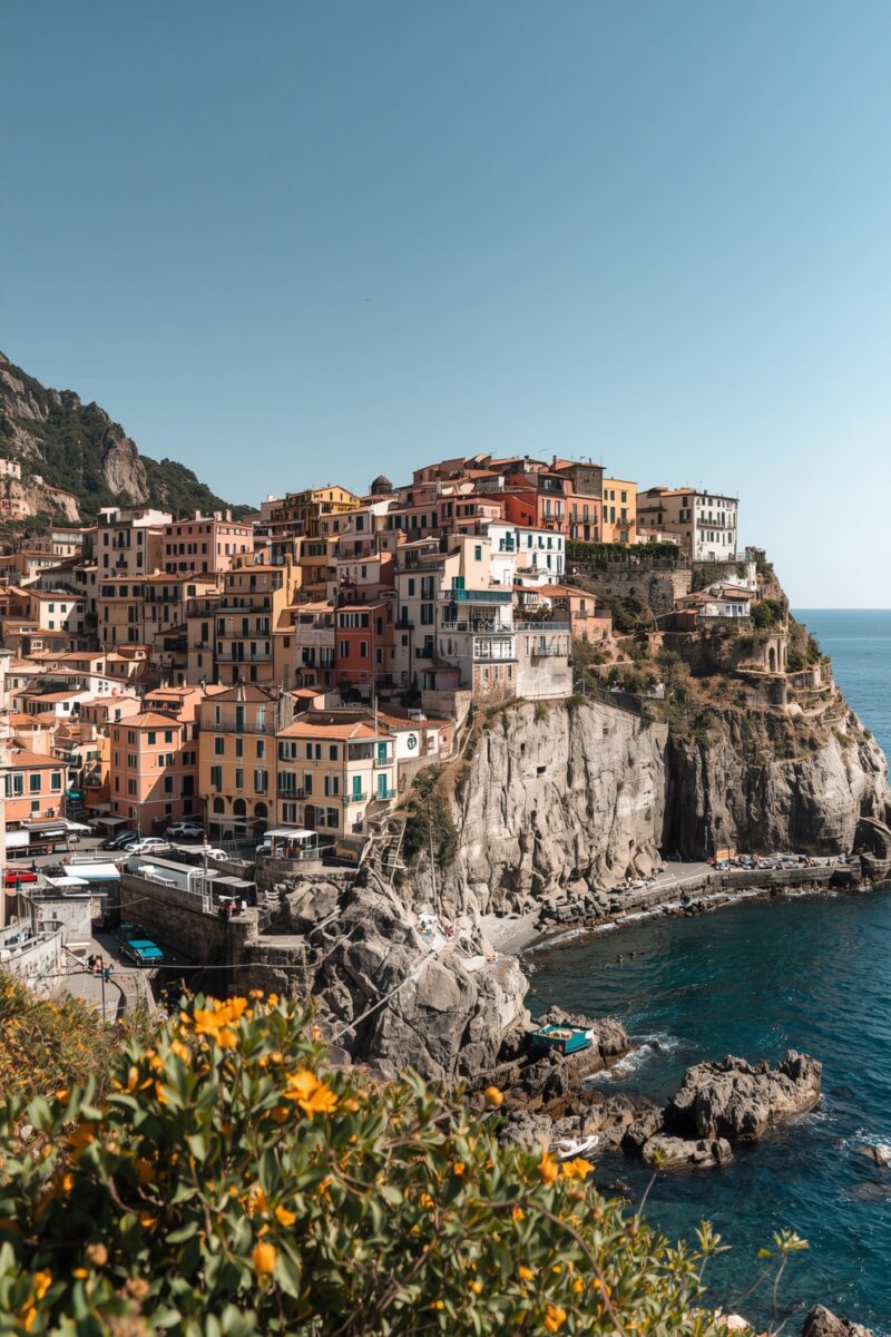 Colorful cliffside buildings of Manarola village in Cinque Terre, Italy, overlooking the turquoise Mediterranean Sea