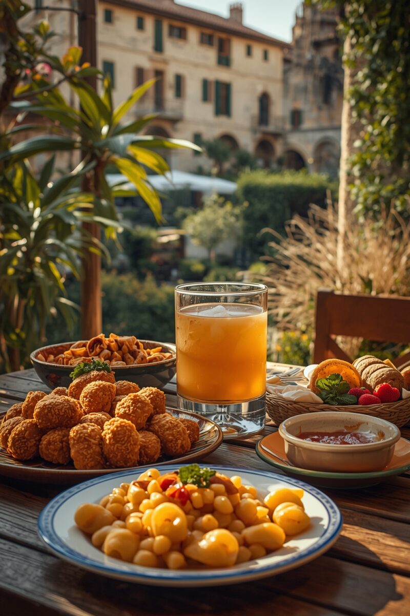 Outdoor Italian dining table with arancini, gnocchi, fried snacks, orange juice, and basket of pastries