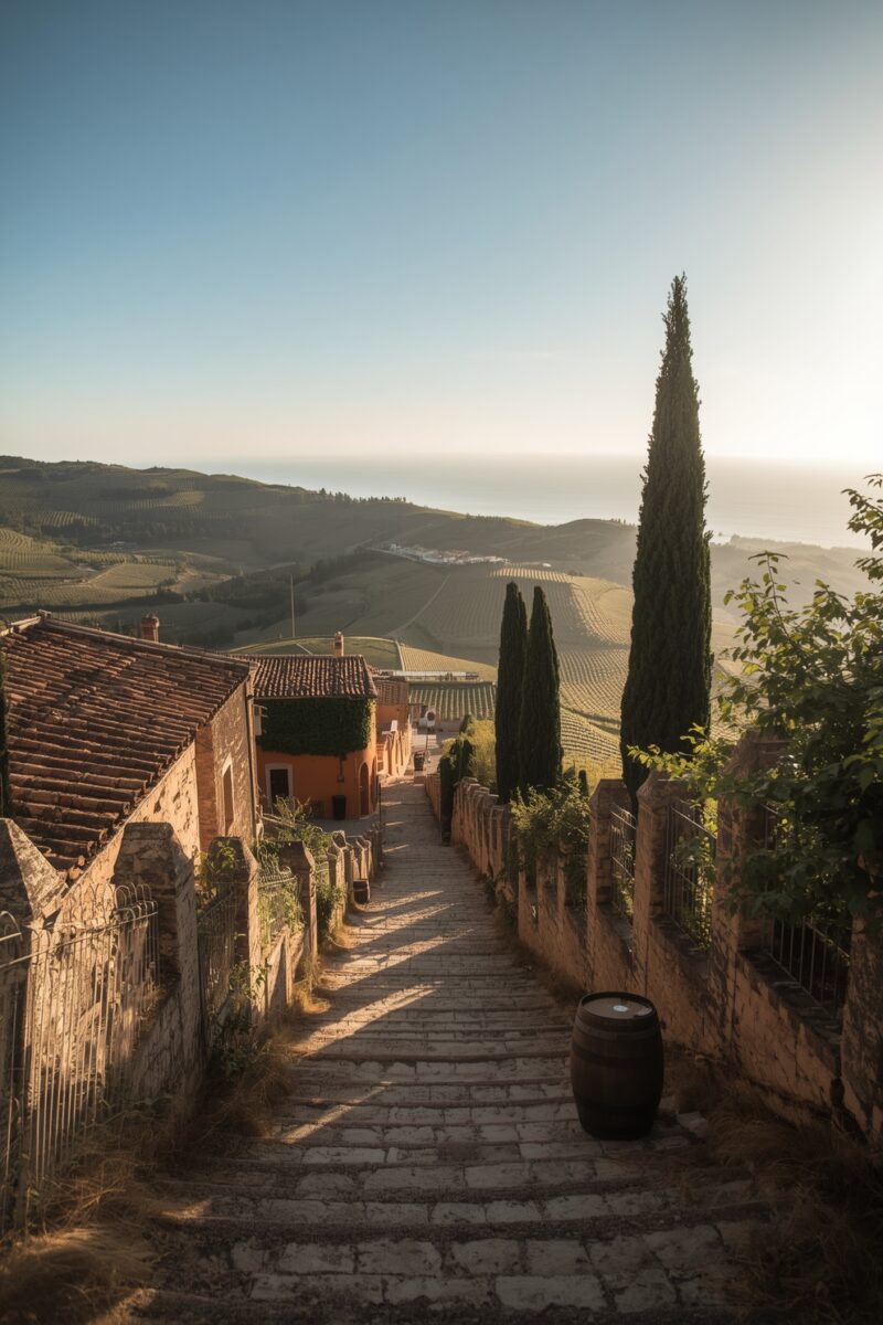 Cobblestone path descending through a Tuscan hillside village with cypress trees and vineyard-covered rolling hills