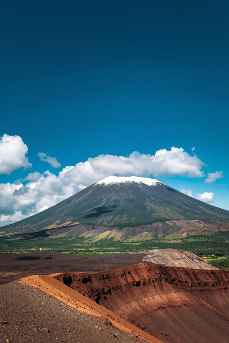 Snow-capped volcanic mountain with red volcanic crater foreground, green vegetation, and blue sky with white clouds