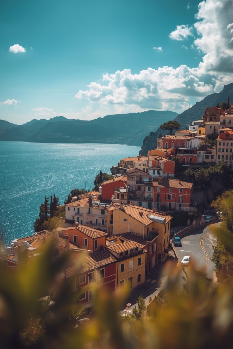Colorful Italian hillside village with orange-roofed buildings cascading toward a bright blue lake surrounded by mountains