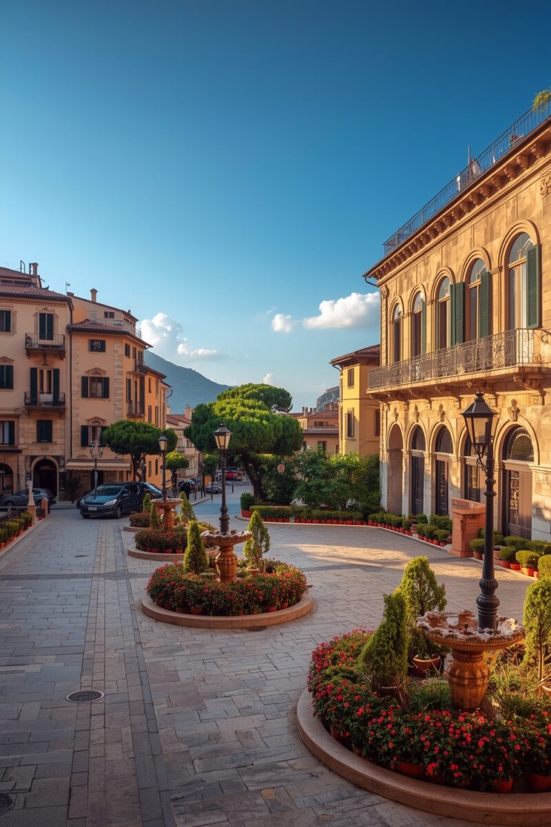 Sunlit Italian piazza with ornate stone buildings, decorative fountains, manicured topiaries, and red flowers under a clear blue sky
