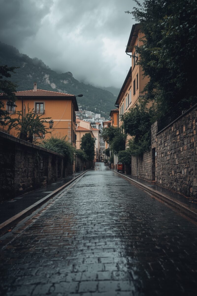 Wet cobblestone street lined with orange buildings and stone walls on a rainy day with misty mountains in background