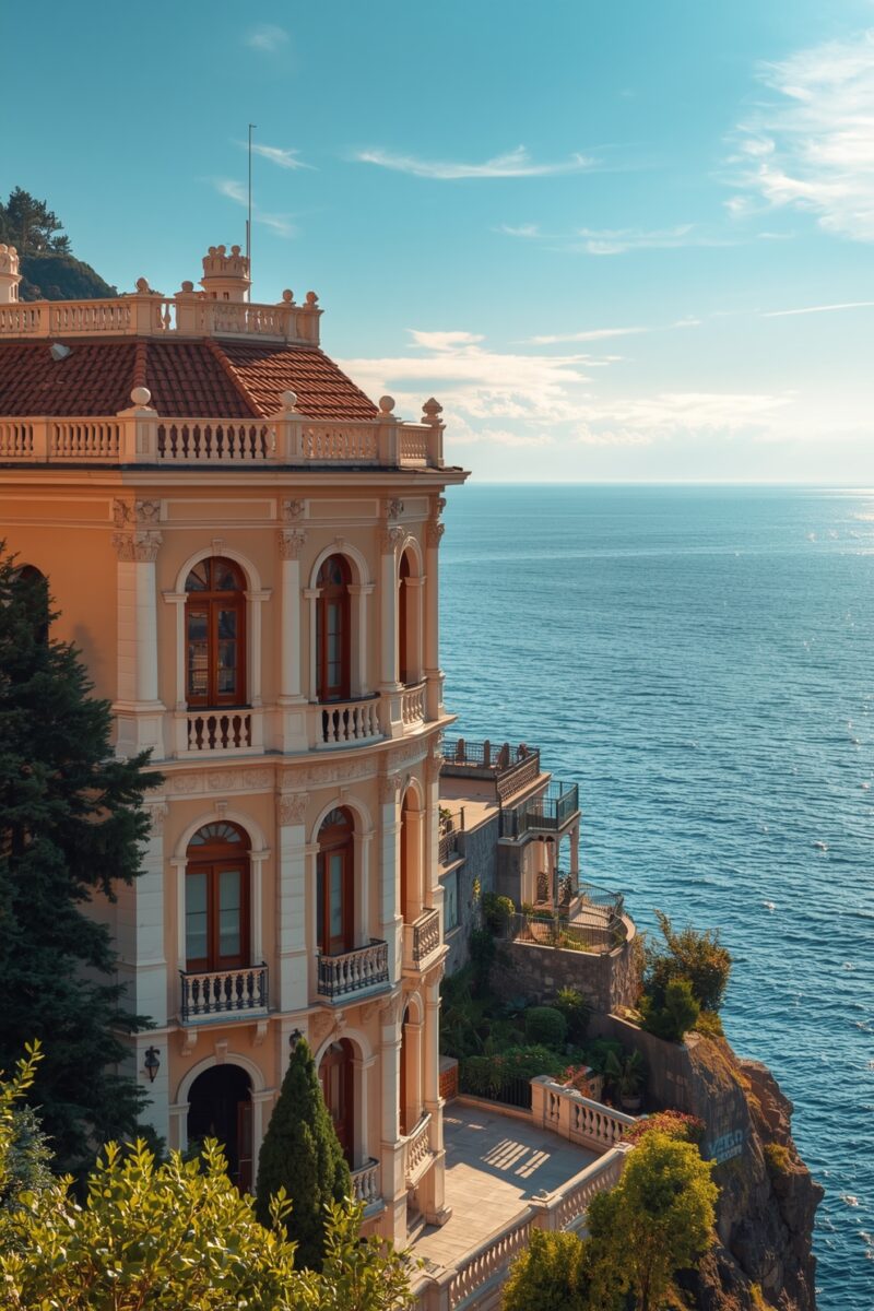 Elegant Belle Époque villa with terracotta roof perched on a clifftop overlooking a calm blue Mediterranean sea