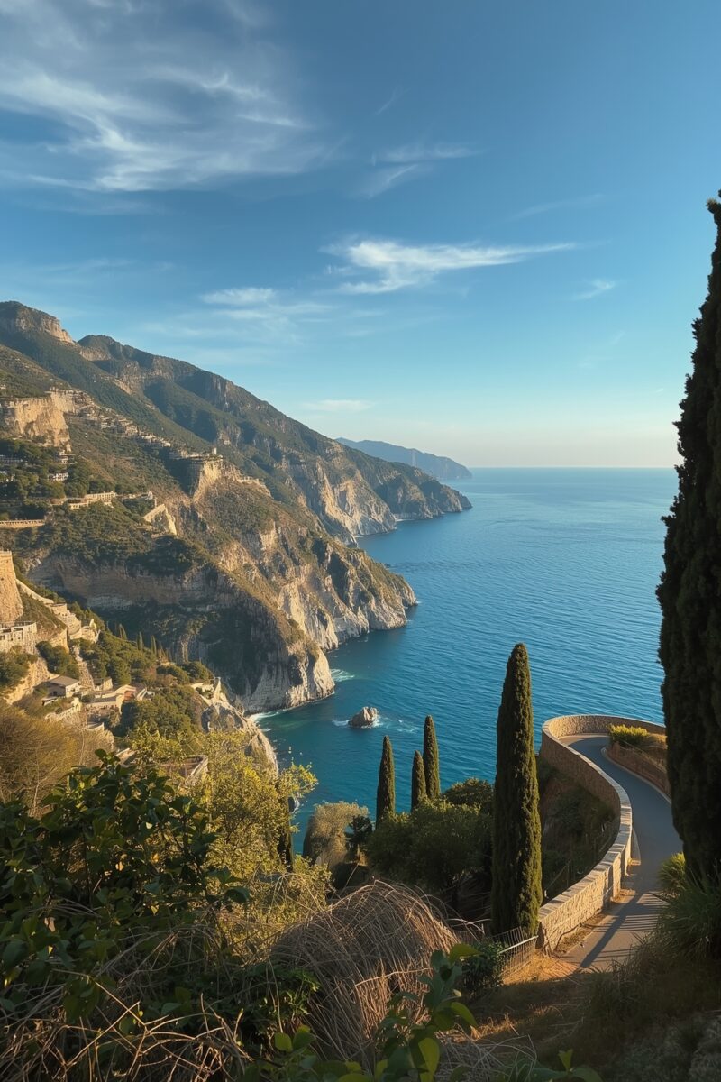 Panoramic view of Italian coastline with dramatic cliffs, turquoise sea, cypress trees, and winding coastal road