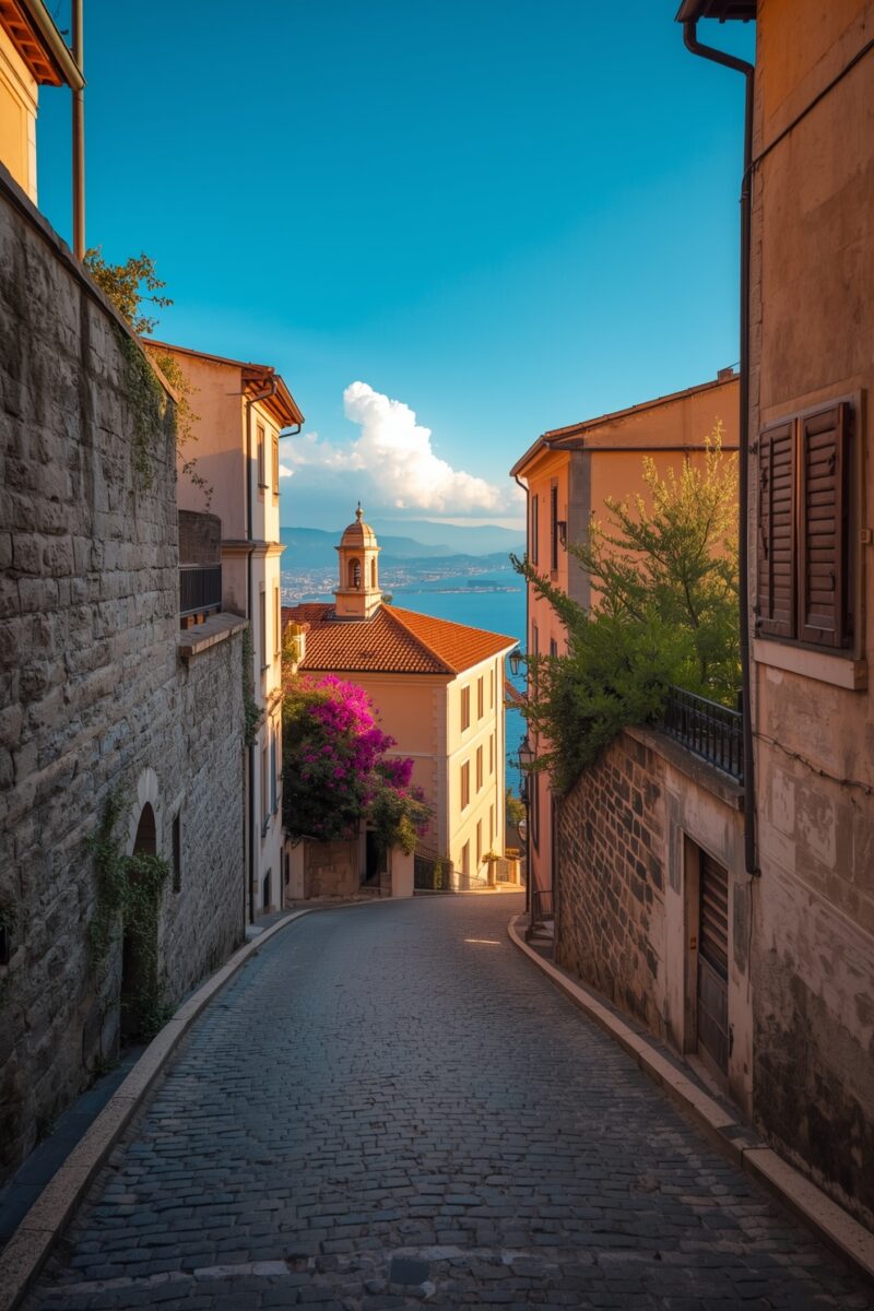Narrow cobblestone alley in Italian coastal town with historic buildings, bougainvillea, and sea view
