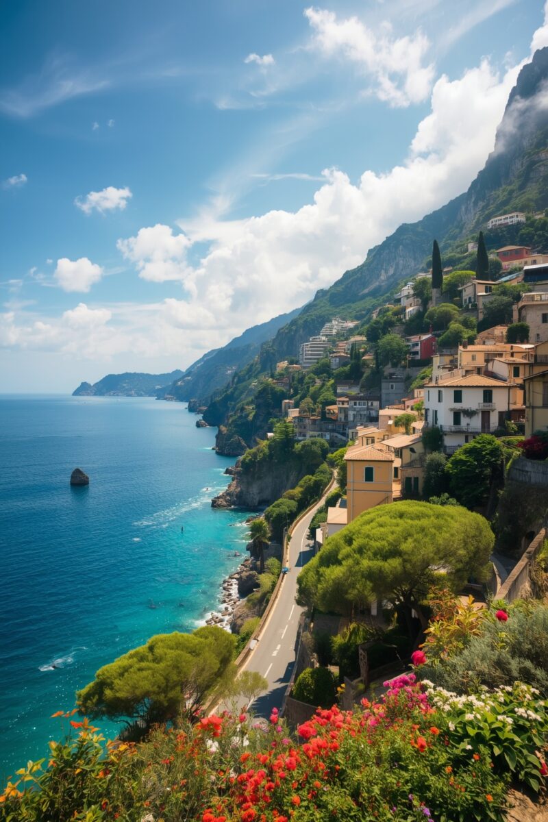 Panoramic view of Amalfi Coast with colorful cliffside buildings, turquoise sea, winding road, and blooming flowers
