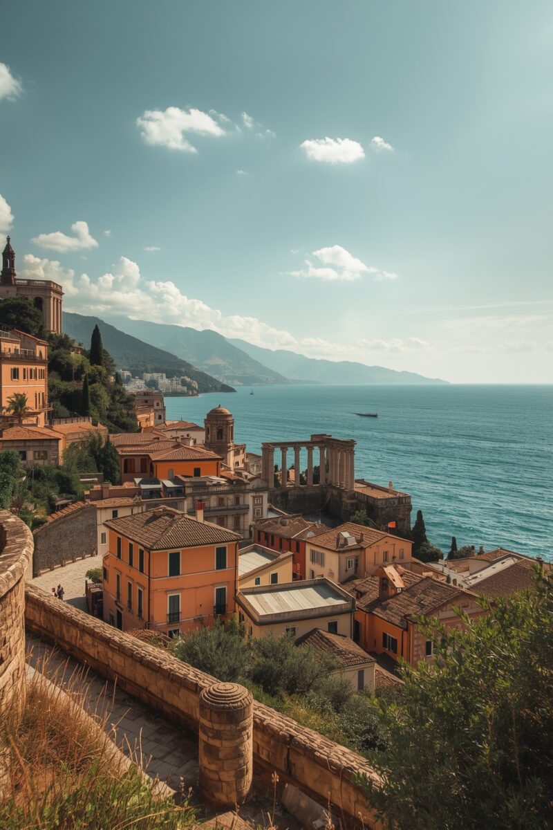Panoramic view of a Mediterranean coastal town with colorful buildings, Roman ruins, and turquoise sea