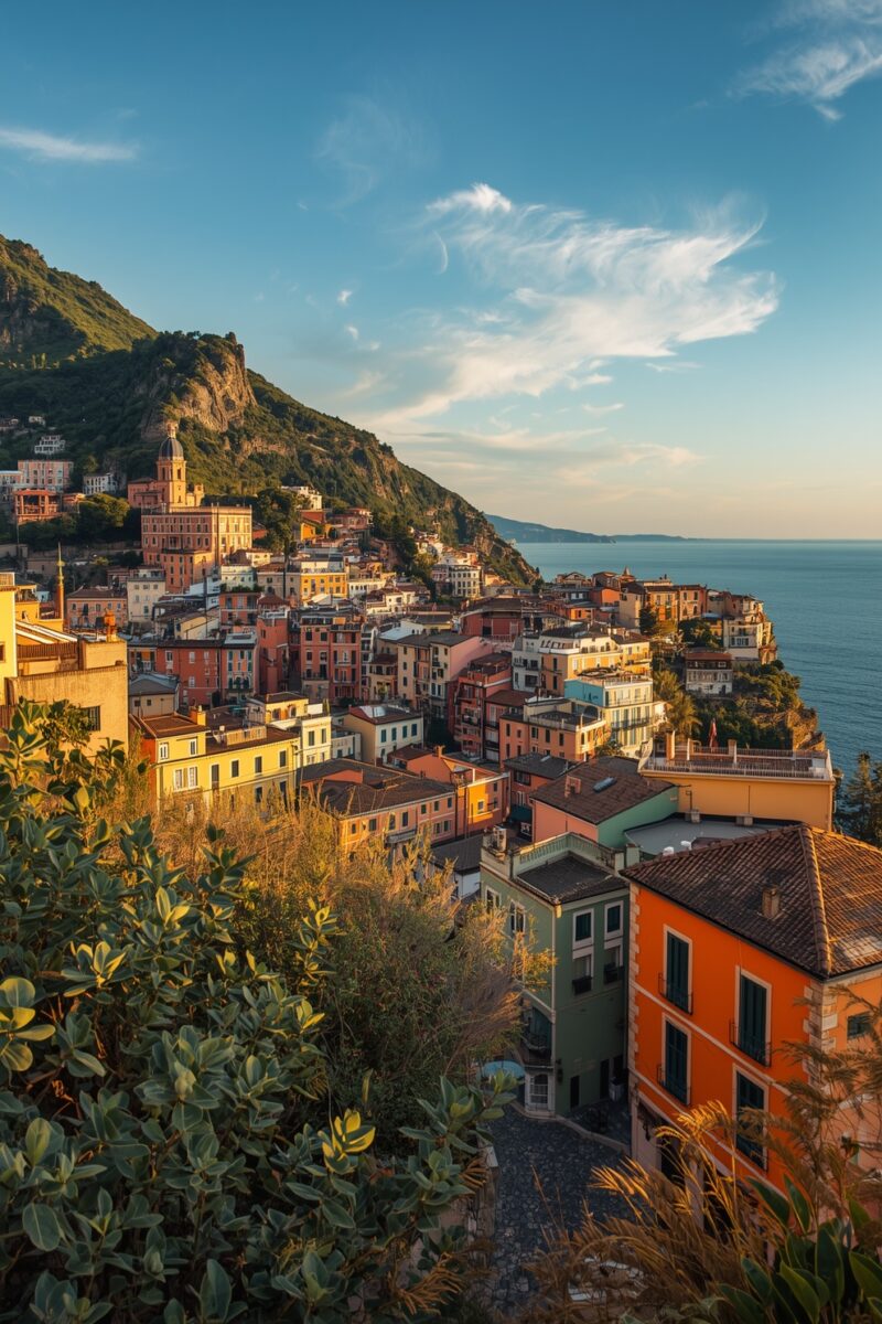 Colorful Italian coastal town with terracotta-roofed buildings cascading down a cliffside toward the blue Mediterranean Sea